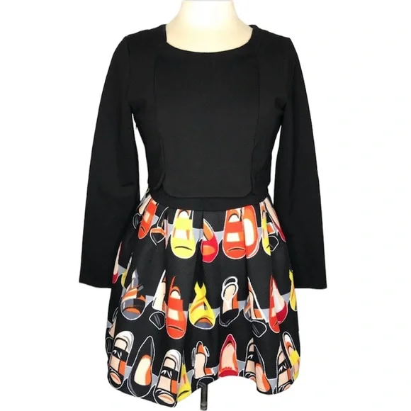 Nvrenfang Dresses | Handmade Black Shoes Print Long Sleeve Fit Flare Dress Colorful Shoe Lover | Color: Black/Red | Size: S | Shastenr's Closet